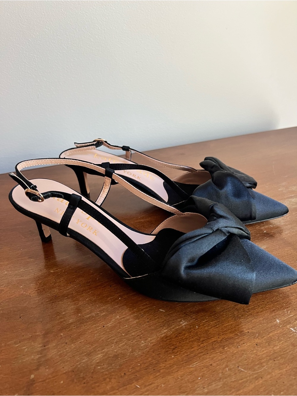 Kate Spade Marseille Black Satin Bow Slingback Kitten Heels Pumps 7.5B